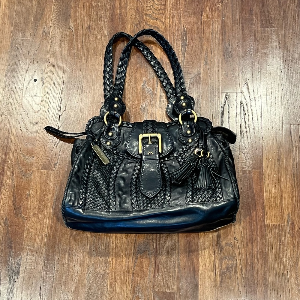 LOCKHEART BLK BRAIDY BUNCH TASSELED WOVEN VINTAGE LEATHER SHOULDER HANDBAG